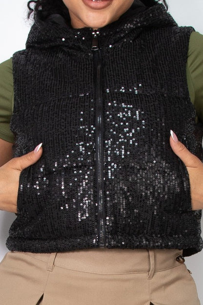 Sequin Hoodie Puffer Crop Vest