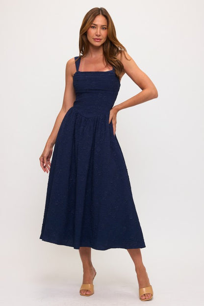 FLOWER JACQUARD PLEATED BUST MIDI DRESS