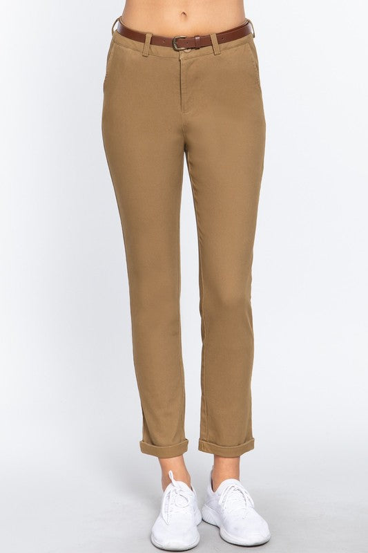 COTTON SPANDEX TWILL LONG PANTS WITH BELT