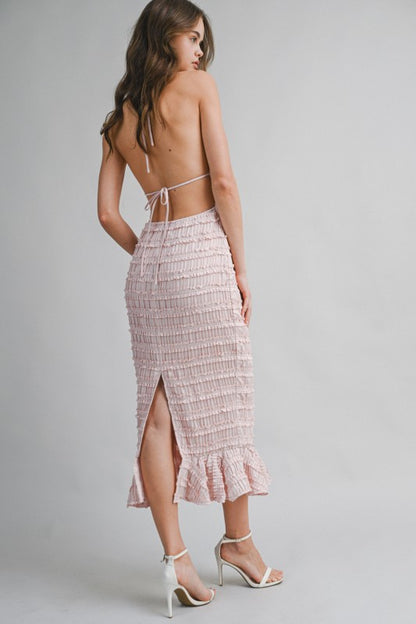 SMOCKED TIERED HALTER BODICE MIDI DRESS