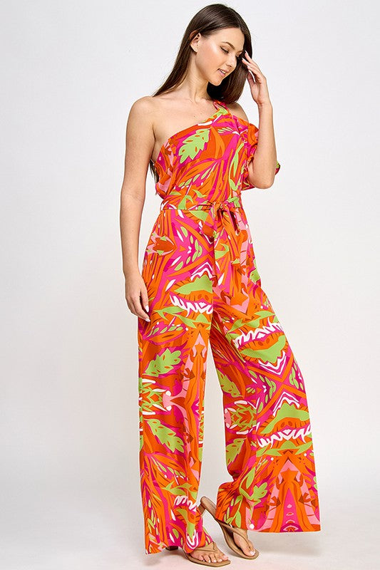 PRINTED ONE SHOULDER FLUTTER SLEEVE JUMPSUIT WITH SHOULDER TRIM