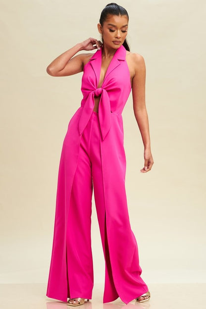 HALTER TIE FRONT SPLIT JUMPSUIT