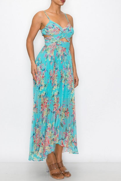 FLORAL PRINT SLEEVELESS PLEATED MAXI DRESSES