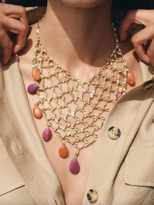 METAL GRID SHAPED PENDANT GOLD NECKLACE