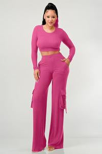 2 PIECES SET LONG SLEEVE TOP AND WIDE LEG CARGO PANTS SET