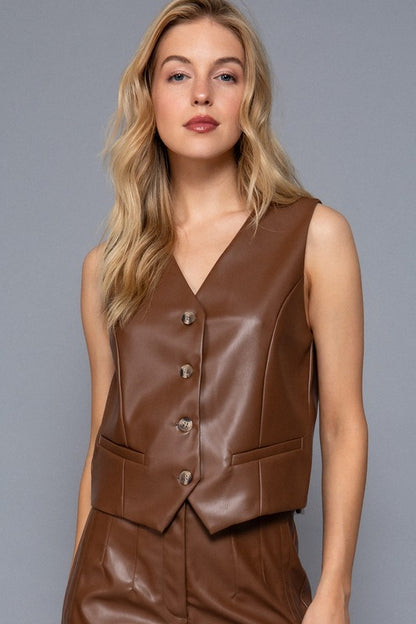 V NECK FAUX LEATHER VEST AND PANTS SET