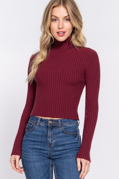 LONG SLV TURTLE NECK FITTED CROP RIB SWEATER