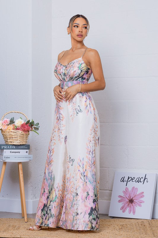 SATIN FLORAL PRINT JUMPSUIT