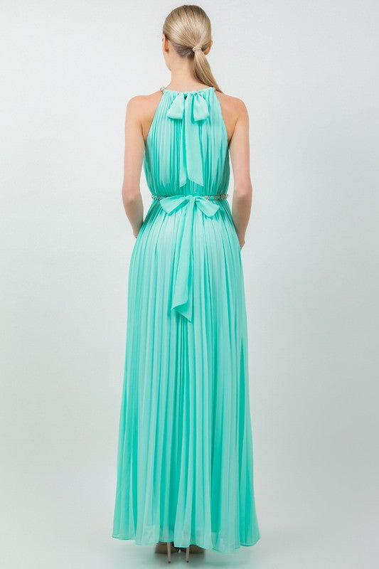 SOLID SLEEVELESS CHAIN HALTER NECK W CHAIN BELT PLEATED MAXI DRESS