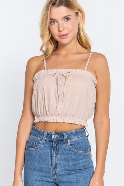 FRONT TIE DETAIL EYELET CROP CAMI WOVEN TOP