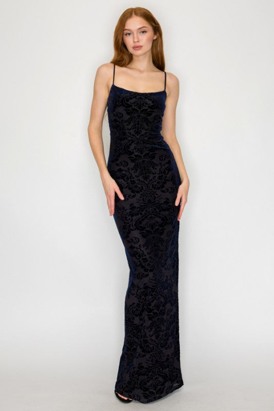 VELOUR FLORAL CROSSED BACK MERMAID MAXI PARTY DRESS