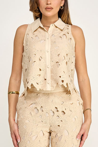 SLVLS CROCHET LACE BUTTON DOWN TOP W/PANTS SET