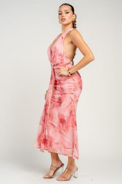 METALLIC MESH PRINT MAXI DRESS W/ A FRONT SASH