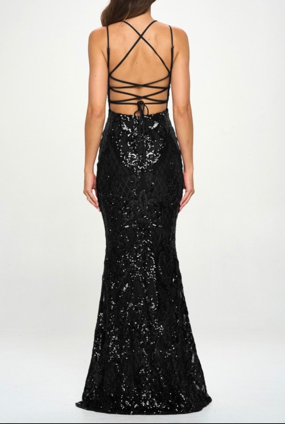 SEQUIN BACK LACE UP MERMAID MAXI COCKTAIL DRESS