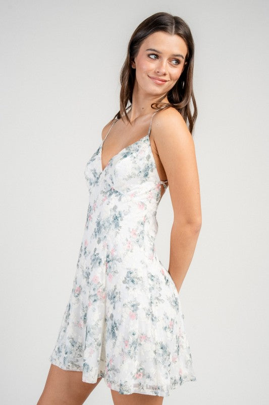 FIT AND FLARE MINI PRINTED DRESS WITH LACE UP BACK