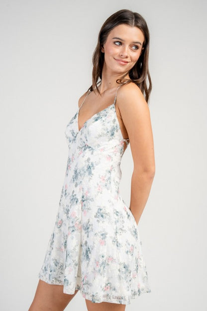 FIT AND FLARE MINI PRINTED DRESS WITH LACE UP BACK