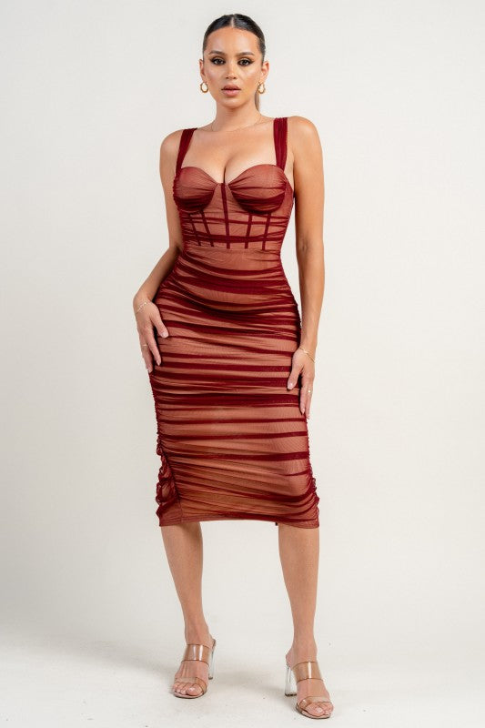 SHEER MESH CORSET SEE-THROUGH MIDI DRESS