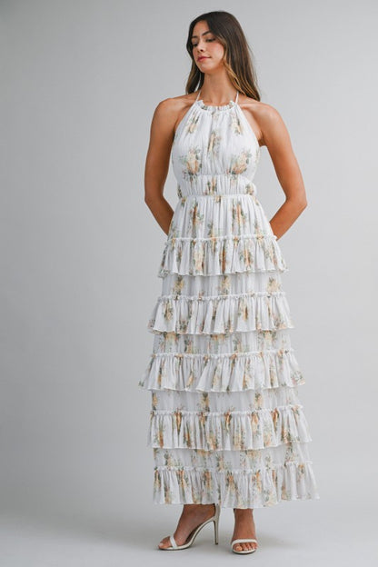 PRINTED FLORAL TIERED MIDI SUMMER DRESS