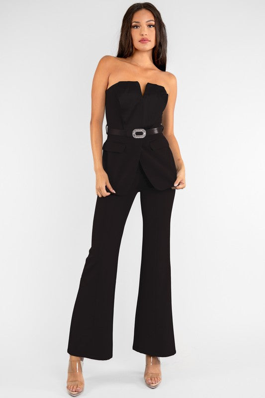 WOMEN STRAPLESS TUXEDO SUIT WITH BELT