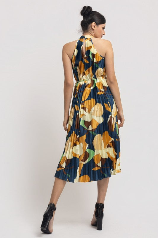 PRINTED PLEATED HALTER NECK MIDI DRESS