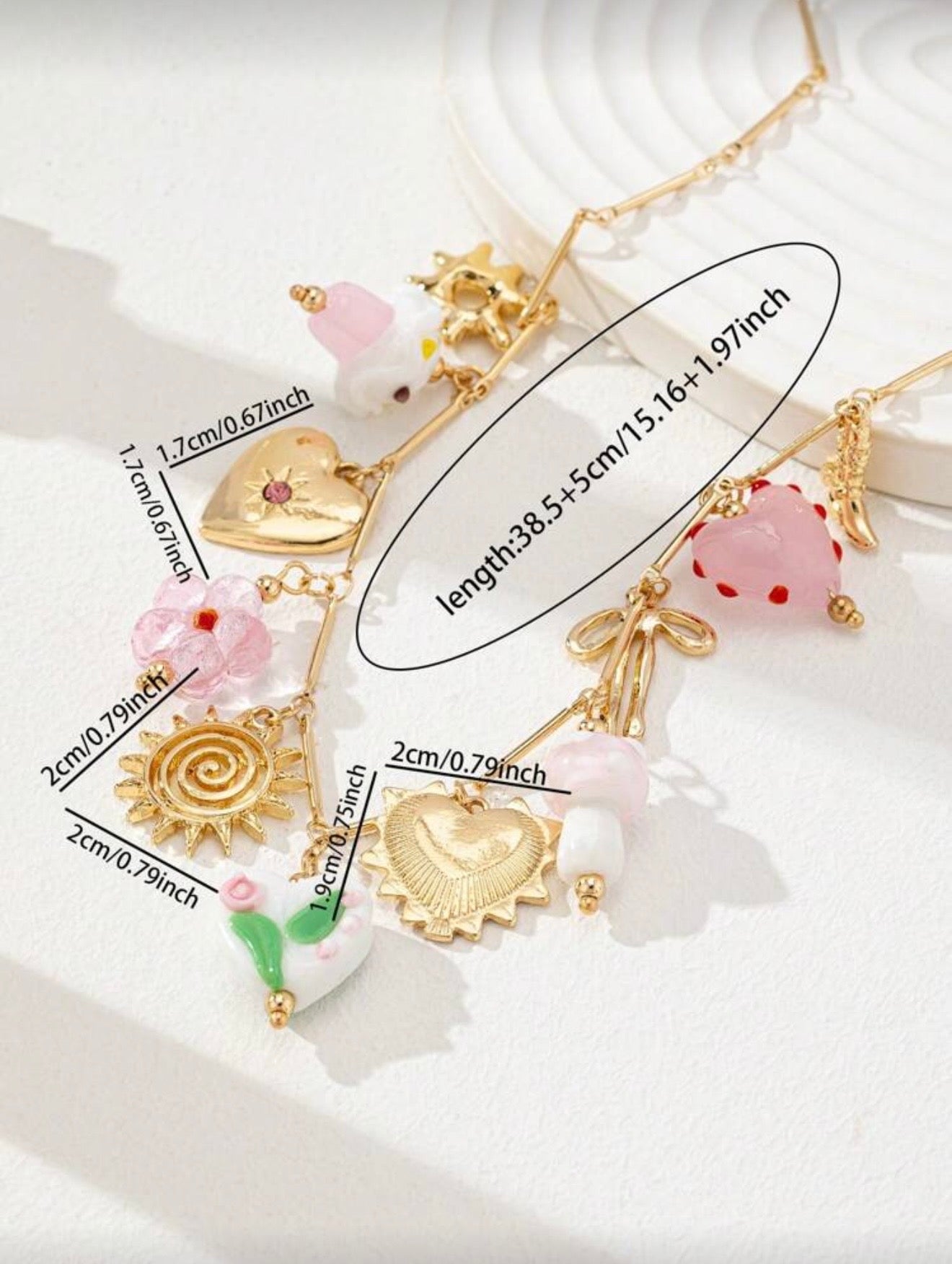 GLASS HEART MUSHROOM BOW CHARM PENDANT NECKLACE