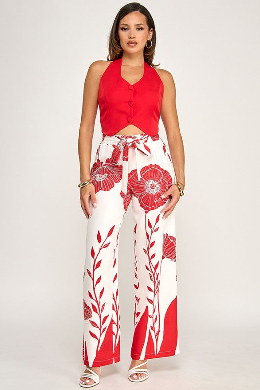 SLEEVELESS HALTER NECK SATIN VEST PANTS SET