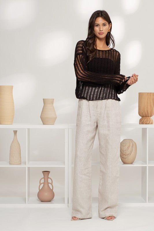 SHEER CROCHET LADDER KNIT PULLOVER SWEATER