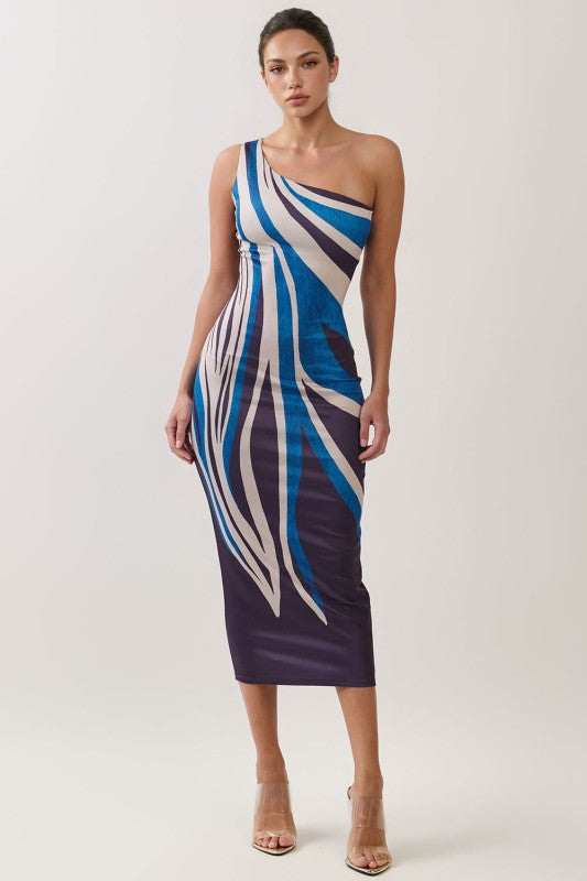 ABSTRACT ONE SHOULDER TUBE MIDI DRESS