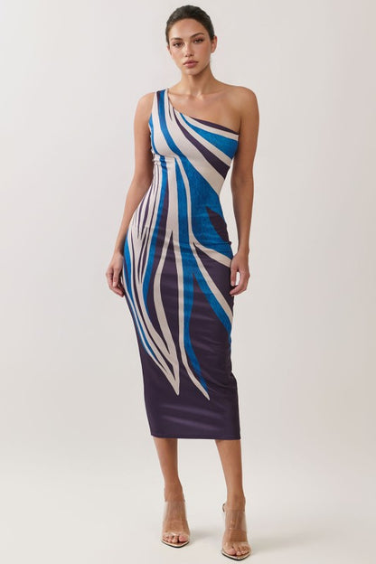 ABSTRACT ONE SHOULDER TUBE MIDI DRESS