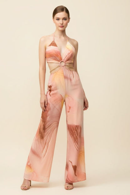 MARBLE PRINT HALTER NECK CUT OUT JUMPSUIT