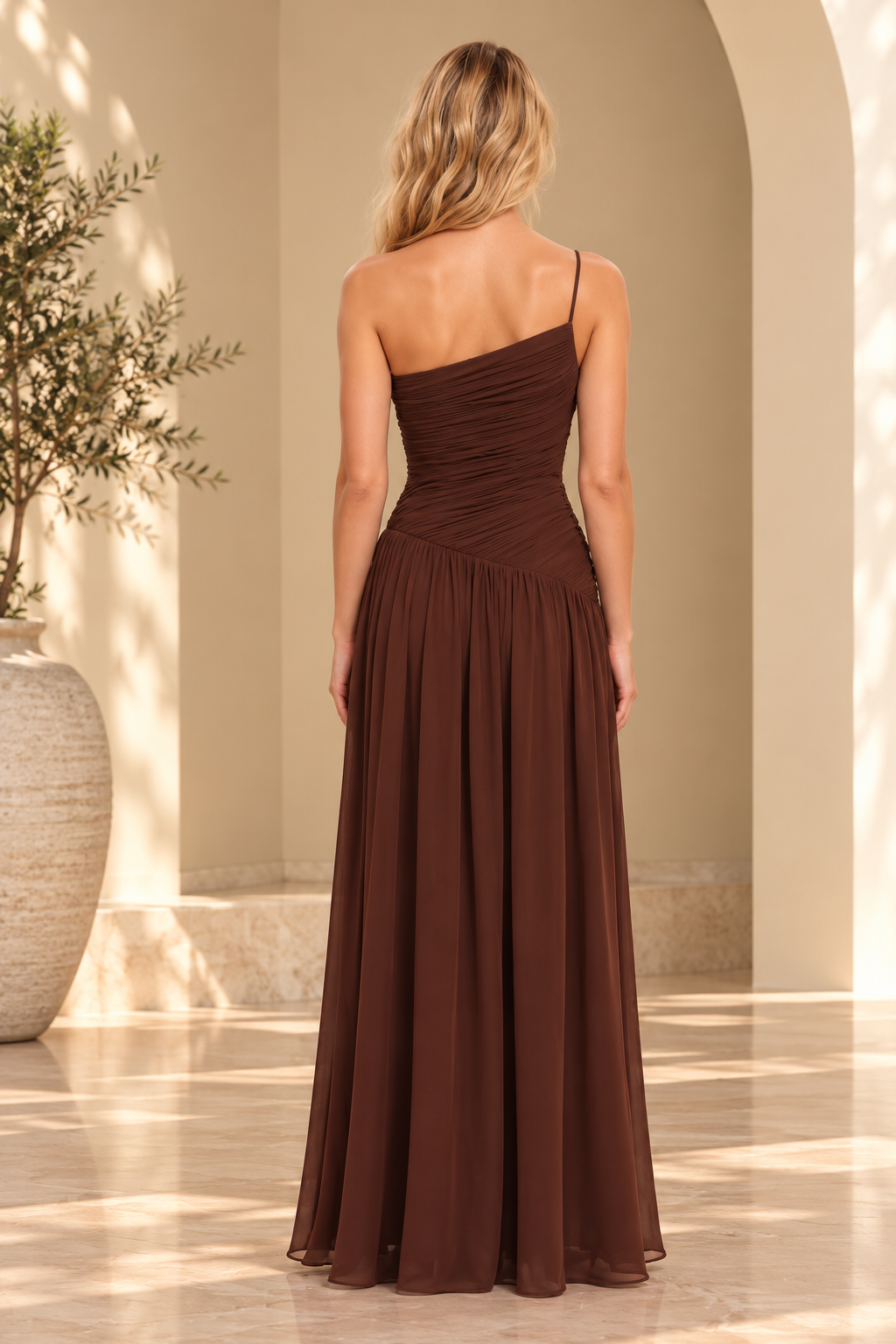 RUCHED ONE SHOULDER MAXI DRESS