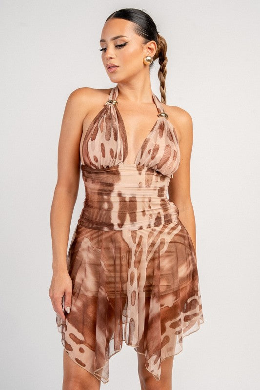 HLATER NECK RUCHED MINI DRESS