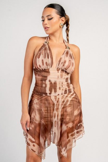 HLATER NECK RUCHED MINI DRESS