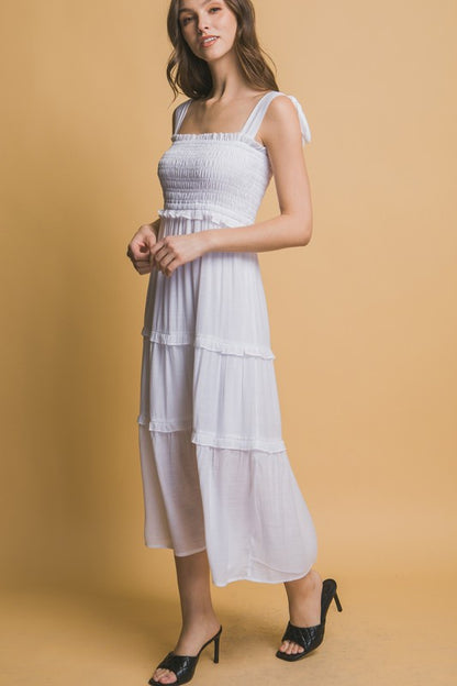PLEATED SMOCKED MIDI DRESS