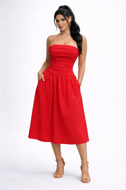 STRAPLESS MIDI DRESS WITH POCKETS