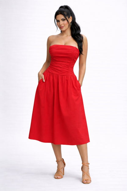 STRAPLESS MIDI DRESS WITH POCKETS