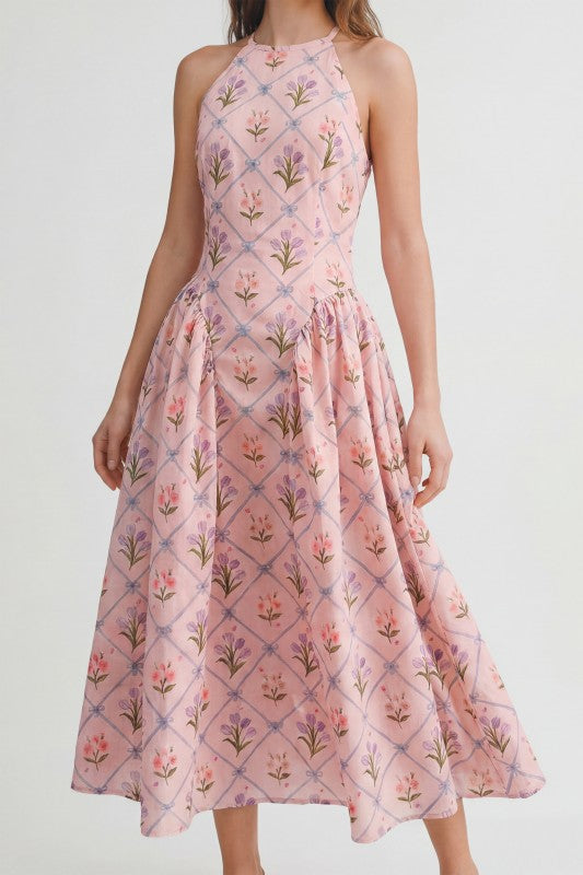 FLORAL JACQUARD HALTER MIDI DRESS