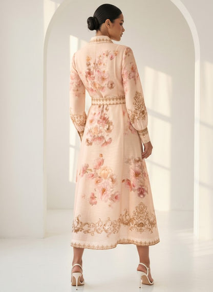PRINTED LONG SLEEVES BELTED DRESS