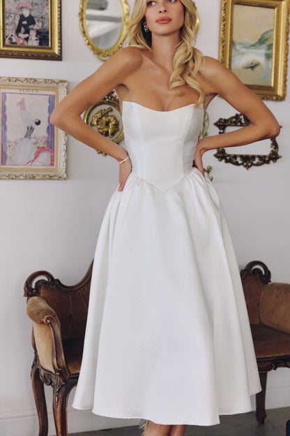 STRAPLESS NECKLINE MIDI SATIN COCKTAIL DRESS