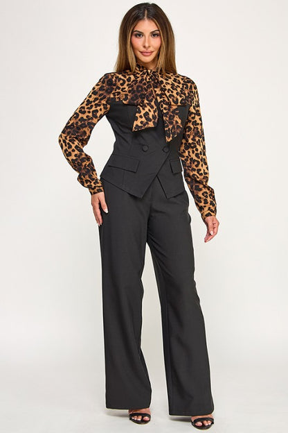 LONG SLEEVE NECK TIE WITH 2 FER DETAIL TOP PANTS SET