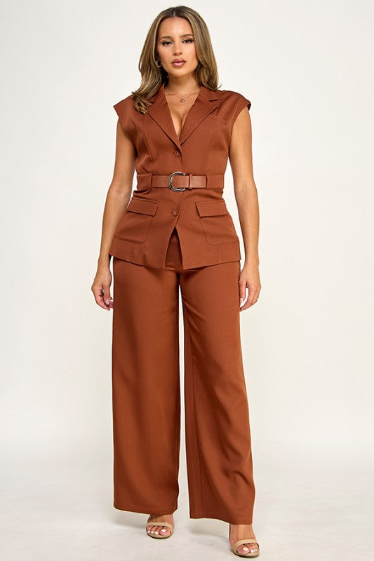 CAP SSLV BELT DETAIL TOP W/ PANTS SET