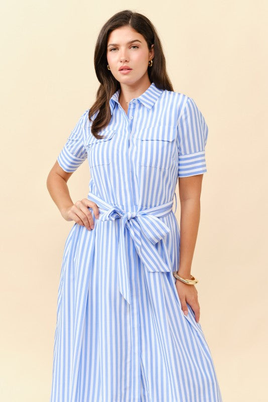 SHORT SLEEVES STRIPE BUTTON FRONT MIDI DRESS