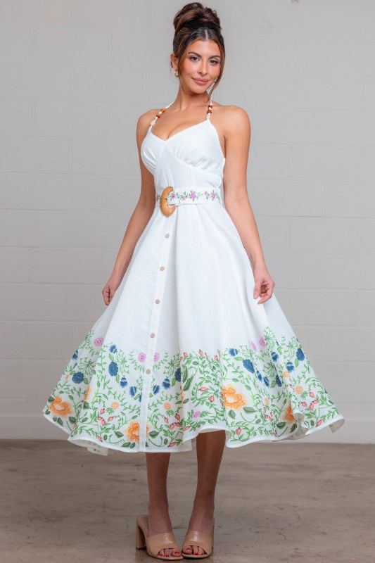 HALTER NECK LINEN FLORAL MIDI SUMMER DRESS