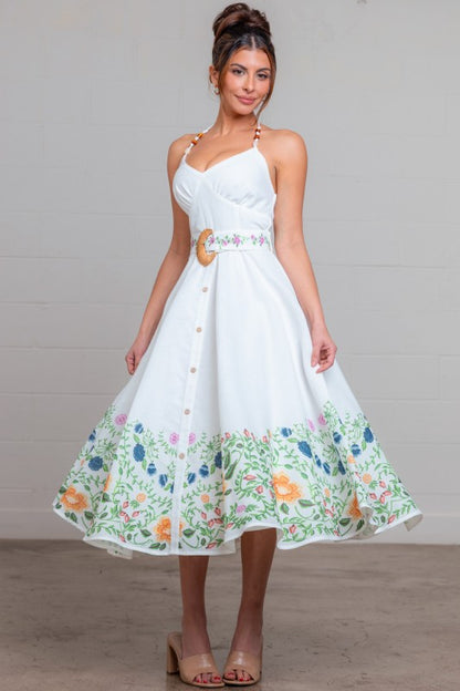 HALTER NECK LINEN FLORAL MIDI SUMMER DRESS