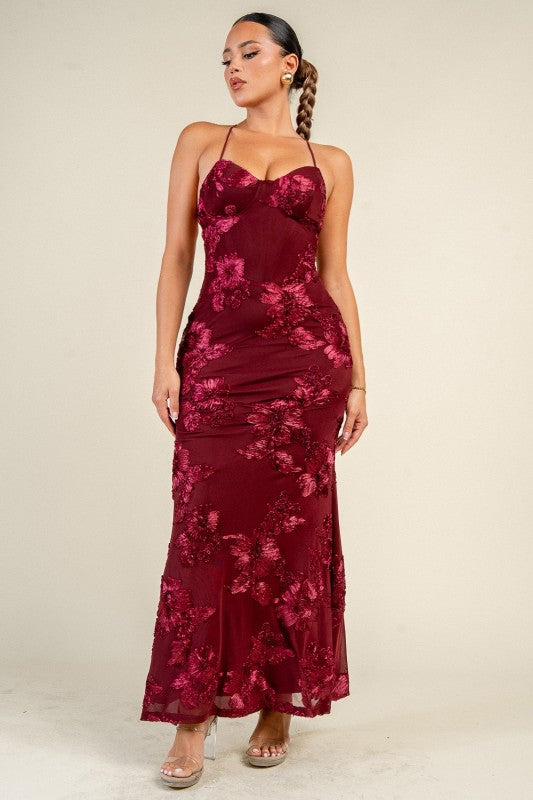3D FLORAL LACE UP BACK MAXI DRESS