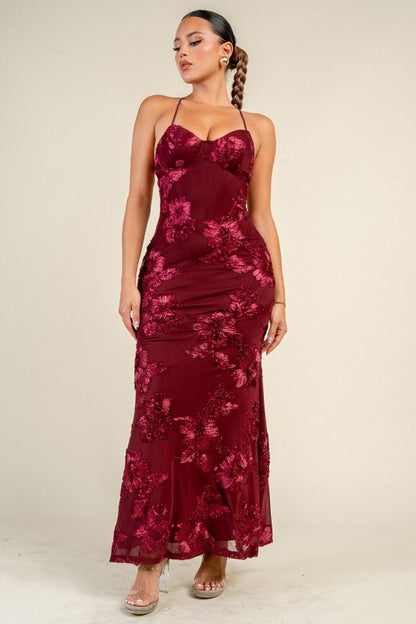 3D FLORAL LACE UP BACK MAXI DRESS