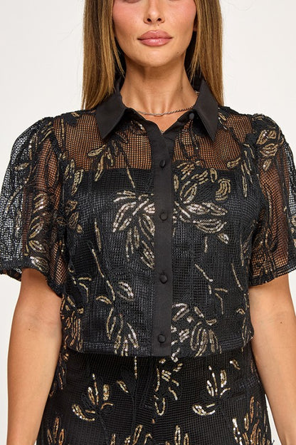 CROP BUTTON DOWN SEQUIN TOP WITH PANTS SET