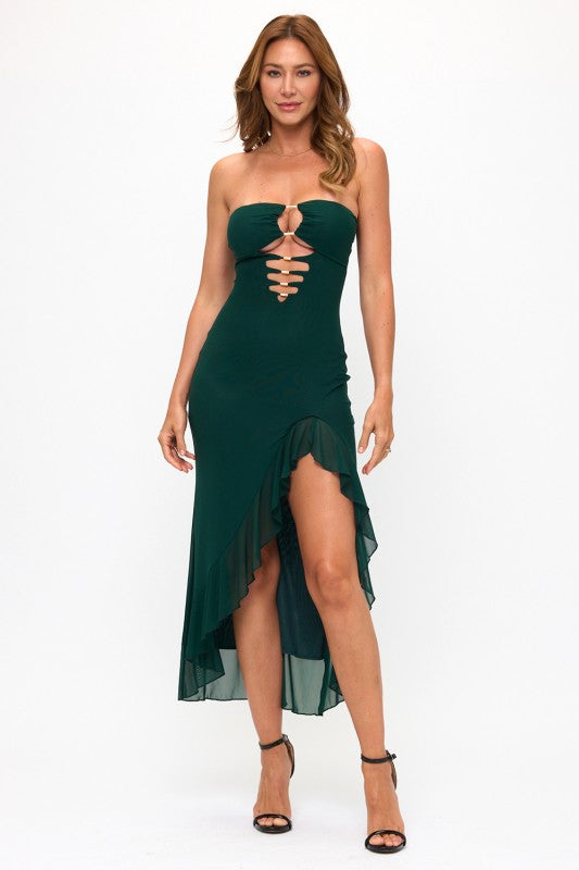 MULTI CUTOUTS RUFFLE SLIT MAXI DRESS