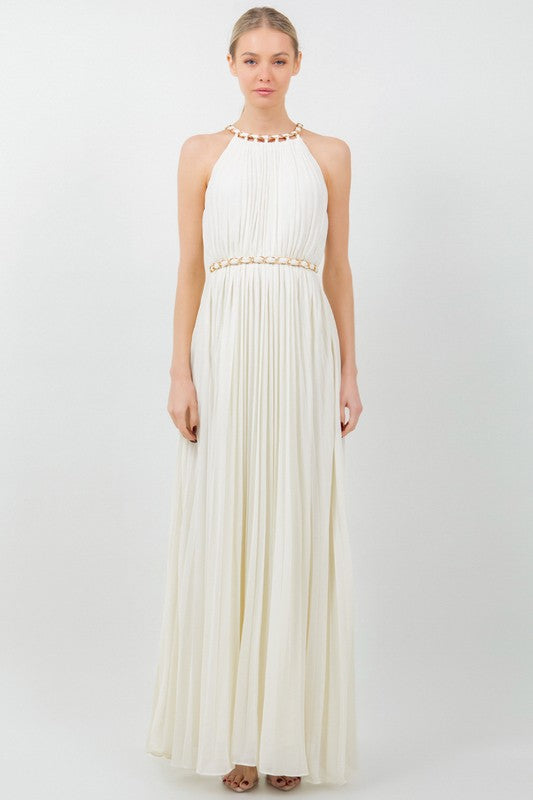 SOLID SLEEVELESS CHAIN HALTER NECK W CHAIN BELT PLEATED MAXI DRESS