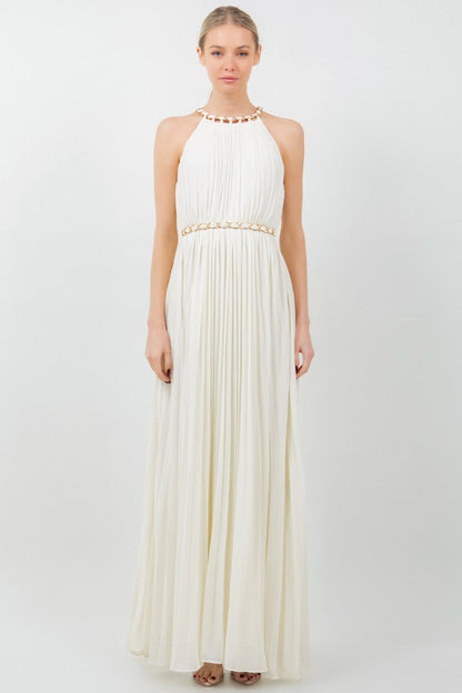SOLID SLEEVELESS CHAIN HALTER NECK W CHAIN BELT PLEATED MAXI DRESS